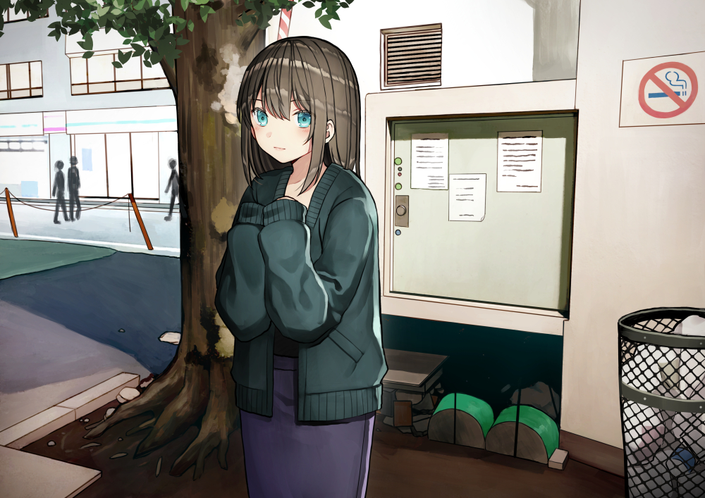 1girl bangs blue_eyes blush brown_hair building cardigan closed_mouth commentary_request day eyebrows_visible_through_hair green_cardigan hair_between_eyes hands_up kurata_rine long_hair long_sleeves looking_at_viewer no_smoking open_cardigan open_clothes original outdoors purple_skirt revision skirt sleeves_past_wrists solo_focus trash_can tree window