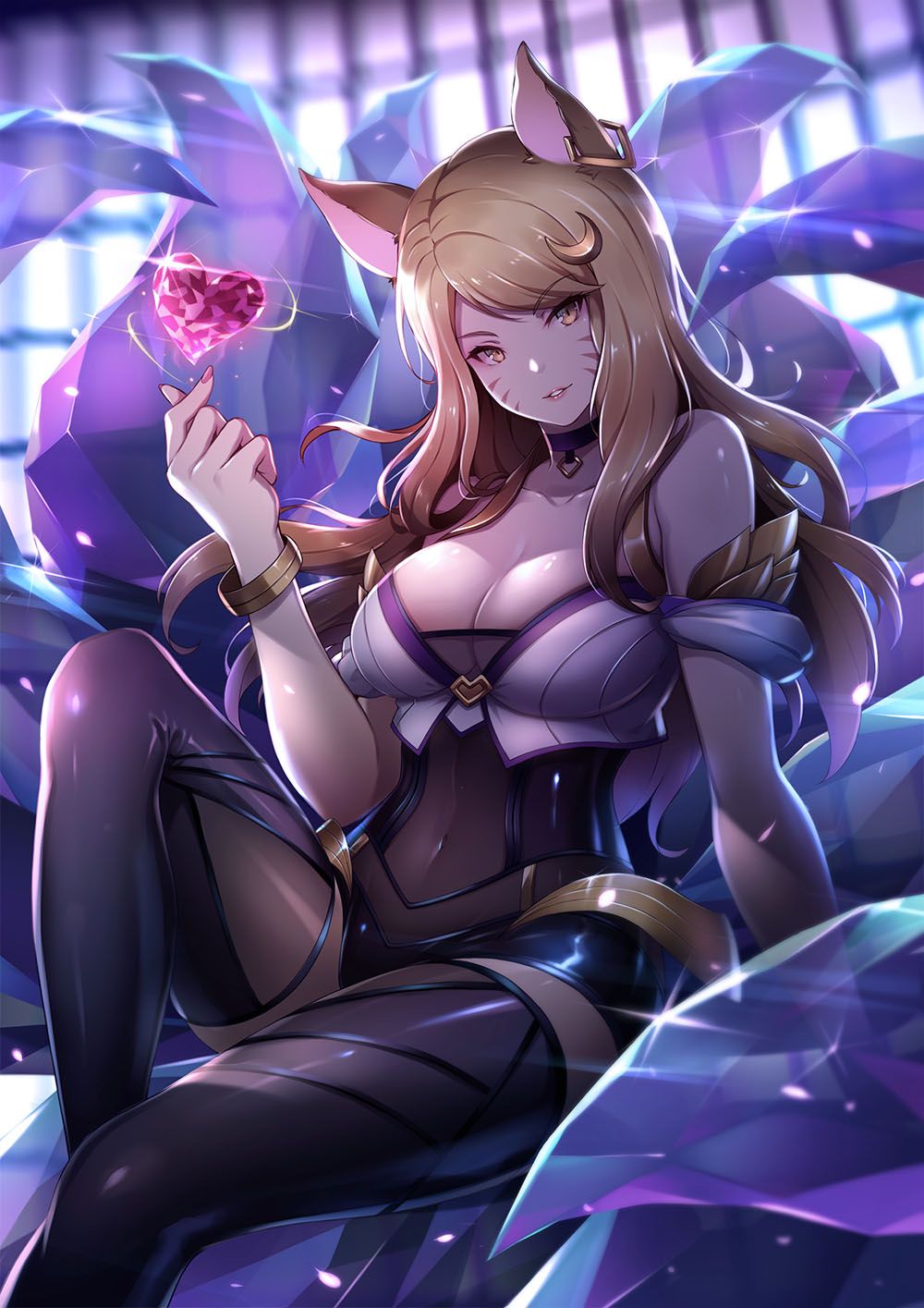 1girl ahri animal_ears arm_support bangs bare_shoulders black_choker black_legwear blonde_hair blurry bracelet breasts choker cleavage collarbone covered_navel crescent crescent_hair_ornament crystal depth_of_field earrings eyebrows_visible_through_hair floating_hair fox_ears fox_tail glint hair_ornament hand_up head_tilt heart highres jewelry k/da_(league_of_legends) k/da_ahri kiyo_(chaoschyan) knee_up large_breasts league_of_legends light_rays long_hair looking_at_viewer nail_polish parted_lips petals pink_nails shiny shiny_clothes shiny_hair shiny_skin sitting skin_tight smile solo sunlight swept_bangs tail thigh-highs transparent tsurime whisker_markings yellow_eyes