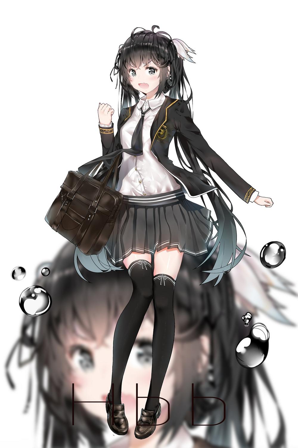 1girl aqua_hair artist_name bag bangs black_bag black_eyes black_footwear black_hair black_jacket black_legwear black_neckwear black_skirt bubble character_request copyright_request feathers full_body gradient_hair hair_feathers hair_ornament hbb highres jacket long_hair long_sleeves looking_at_viewer multicolored_hair necktie open_mouth pleated_skirt shirt_tucked_in shoes skirt solo standing thigh-highs very_long_hair white_skirt zettai_ryouiki