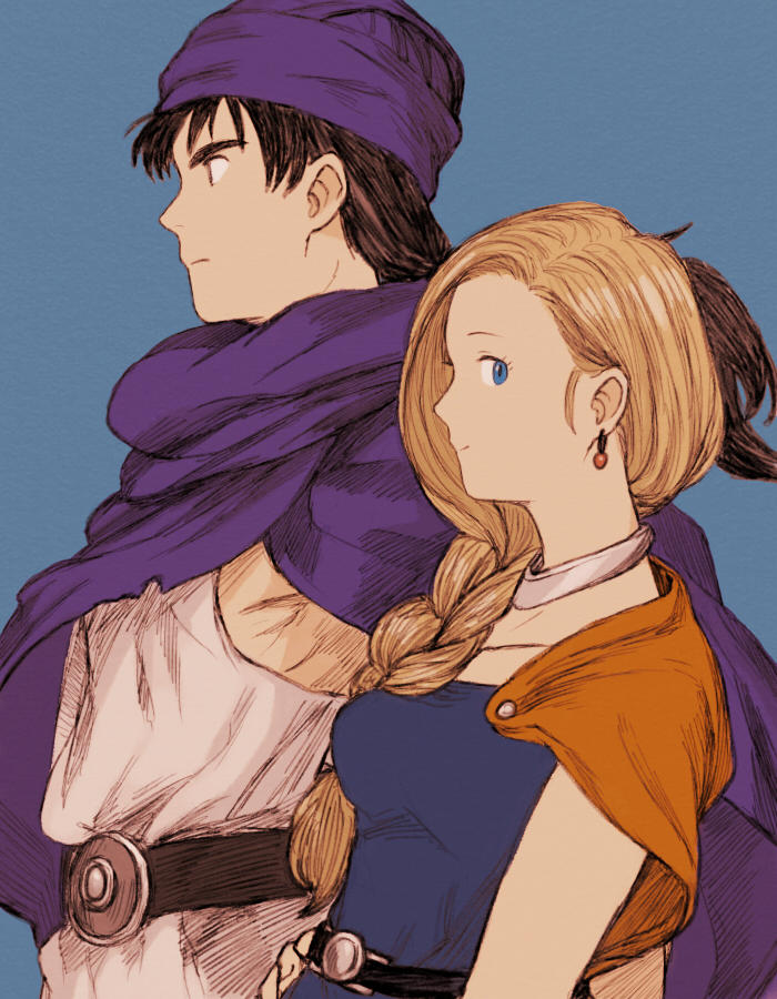 1boy 1girl bianca blonde_hair blue_eyes braid breasts cape commentary_request dragon_quest dragon_quest_v earrings hair_over_shoulder hero_(dq5) jewelry long_hair maekakekamen single_braid turban