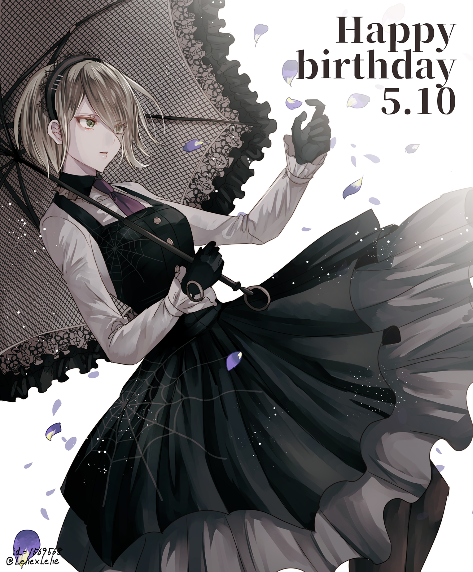 1girl black_gloves black_legwear black_skirt brown_hair dangan_ronpa dated frilled_umbrella gloves green_eyes grey_shirt happy_birthday headdress holding holding_umbrella long_sleeves necktie new_dangan_ronpa_v3 pantyhose petals purple_neckwear shirt short_hair skirt solo toujou_kirumi twitter_username umbrella z-epto_(chat-noir86)