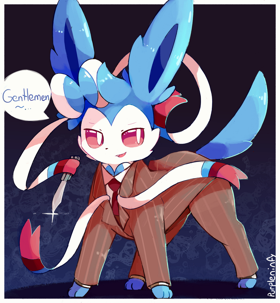 &gt;:) alternate_color artist_name blue_background blue_fur border bow business_suit cosplay creatures_(company) english formal game_freak gen_6_pokemon knife lapel looking_to_the_side necktie nintendo pinstripe_pattern pinstripe_suit pokemon pokemon_(creature) prehensile_ribbon purpleninfy red_eyes red_sclera red_suit ribbon shiny_pokemon speech_bubble striped suit switchblade sylveon team_fortress_2 the_spy the_spy_(cosplay) white_border