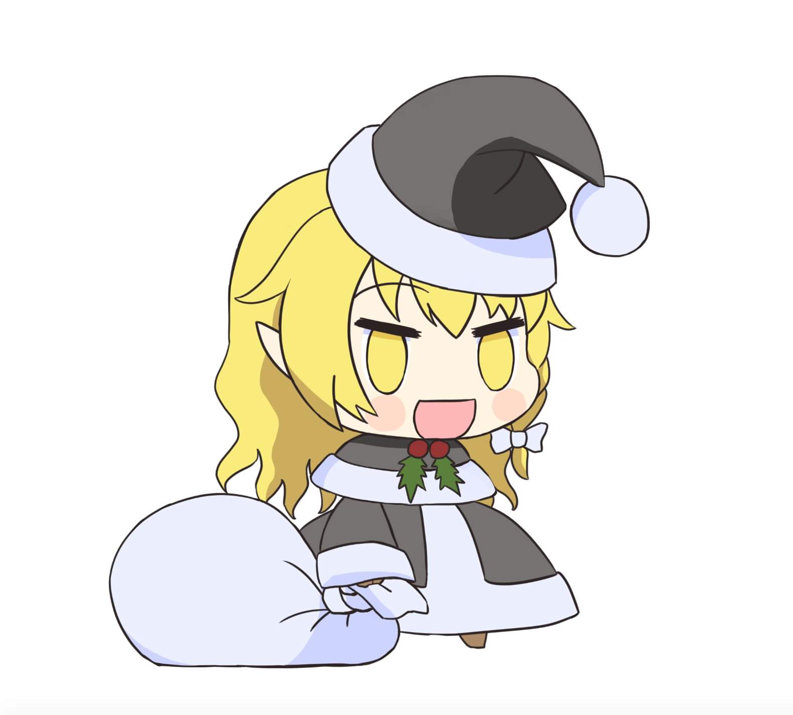 1girl akiteru98 black_dress blonde_hair bow capelet christmas dress fate/extra fate/grand_order fate_(series) hat highres kirisame_marisa nero_claudius_(fate) nero_claudius_(fate)_(all) padoru sack santa_costume santa_hat smile touhou