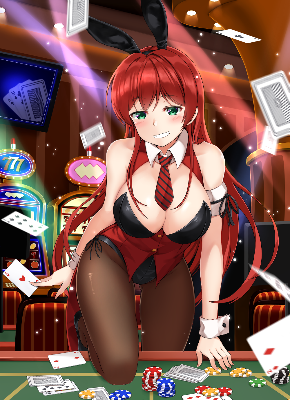 1girl animal_ears armband bangs bare_shoulders black_footwear black_hairband black_leotard blush breasts brown_legwear bunny_girl bunnysuit card casino chair cleavage crotch_seam detached_collar eyebrows_visible_through_hair fake_animal_ears gluteal_fold green_eyes grin hairband highres indoors large_breasts leotard long_hair looking_at_viewer maemi_(maemi12) necktie one_knee original pantyhose poker_chip rabbit_ears red_neckwear red_vest redhead roulette_table shoes slot_machine smile solo strapless strapless_leotard thighs very_long_hair vest wrist_cuffs