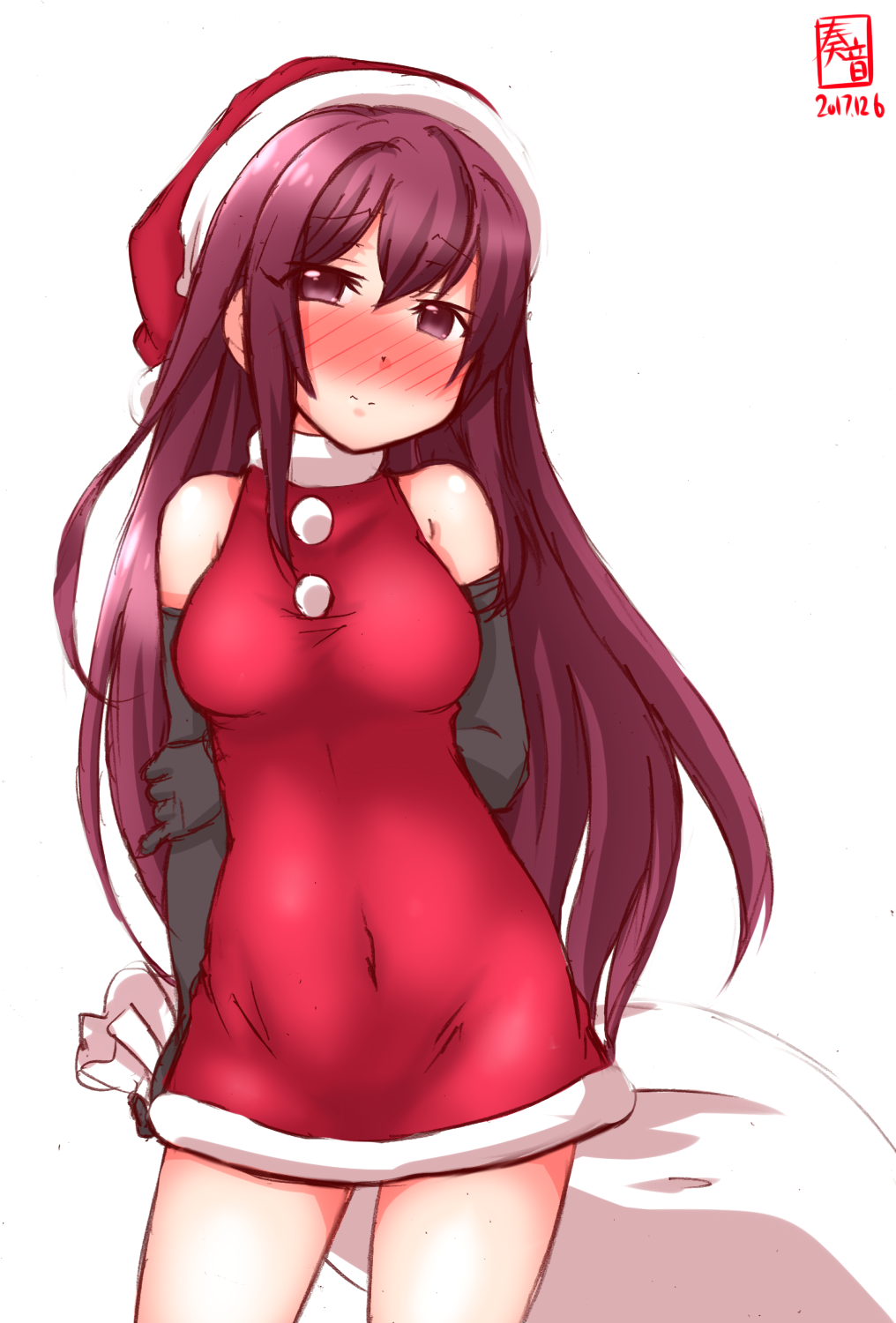 1girl artist_logo black_gloves blush commentary_request cowboy_shot dated dress elbow_gloves gloves hat highres kamikaze_(kantai_collection) kanon_(kurogane_knights) kantai_collection long_hair purple_hair revision sack santa_costume santa_hat simple_background solo violet_eyes white_background