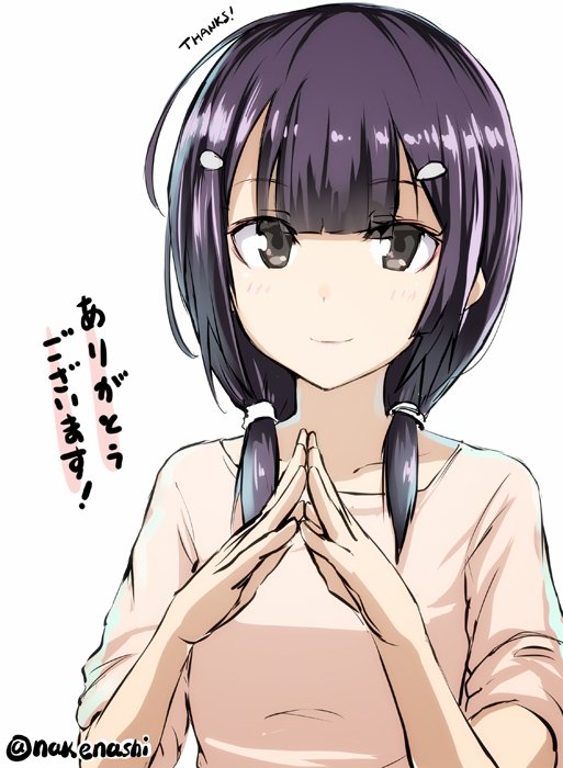 1girl bangs black_eyes blunt_bangs closed_mouth commentary_request eyebrows_visible_through_hair hair_ornament hairclip hands_up looking_at_viewer low_twintails original own_hands_together pink_shirt purple_hair shirt signature simple_background smile solo tea_(nakenashi) twintails twitter_username white_background