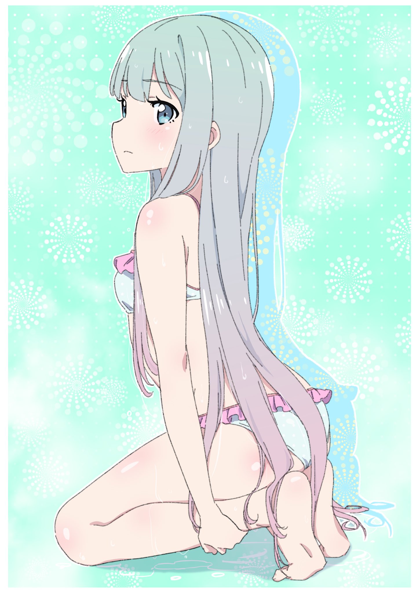 1girl ass barefoot bikini blue_background blue_eyes blush eromanga_sensei eyebrows_visible_through_hair frilled_bikini frills full_body gradient_hair highres izumi_sagiri kneeling long_hair multicolored_hair pink_x shadow shiny shiny_hair silver_hair simple_background soles solo swimsuit very_long_hair wet wet_hair white_bikini