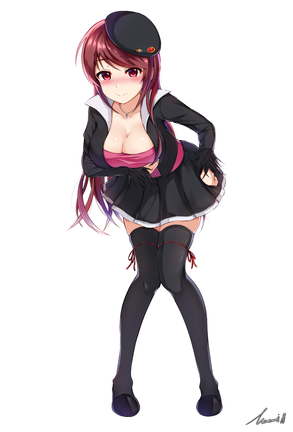 1girl black_footwear black_hat black_jacket black_legwear black_skirt blush breast_hold breasts cross cross_necklace dungeon_and_fighter full_body hand_on_hip hat highres jacket jewelry large_breasts leaning_forward long_hair looking_at_viewer maemi_(maemi12) miniskirt necklace nose_blush pink_shirt pleated_skirt red_eyes redhead ribbon shirt skirt solo standing tears thigh-highs thigh_ribbon very_long_hair zettai_ryouiki