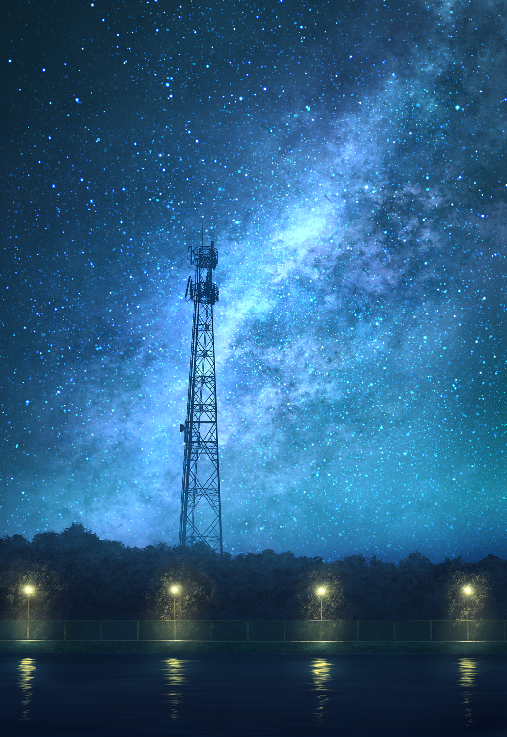 canal chain-link_fence commentary_request fence forest highres lamppost milky_way mks nature night night_sky no_humans original outdoors radio_antenna scenery sky star_(sky) starry_sky tree water