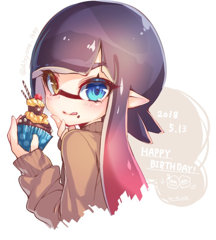 1girl :q artist_name bangs blue_eyes blunt_bangs brown_sweater closed_mouth commentary commentary_request conomi-c5 cropped_torso cupcake dated domino_mask emblem english english_commentary eyebrows_visible_through_hair food food_on_face gradient_hair happy_birthday heterochromia holding holding_food inkling light_blush long_sleeves looking_at_viewer looking_back mask multicolored_hair pointy_ears smile solo splatoon splatoon_(series) splatoon_1 squid sweater tentacle_hair tongue tongue_out twitter_username upper_body white_background yellow_eyes