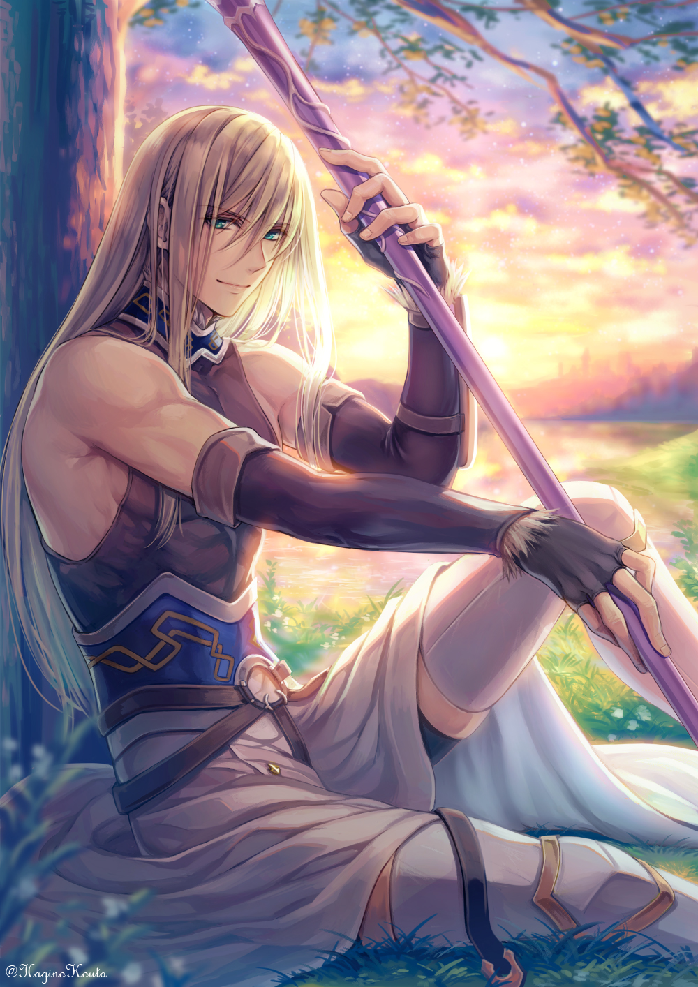 1boy against_tree aqua_eyes artist_name black_gloves blonde_hair day elbow_gloves fate/grand_order fate_(series) fingerless_gloves fionn_mac_cumhaill_(fate/grand_order) from_side gloves hagino_kouta hair_between_eyes highres holding_polearm long_hair looking_at_viewer male_focus outdoors revision sitting smile solo thigh-highs tree very_long_hair white_legwear