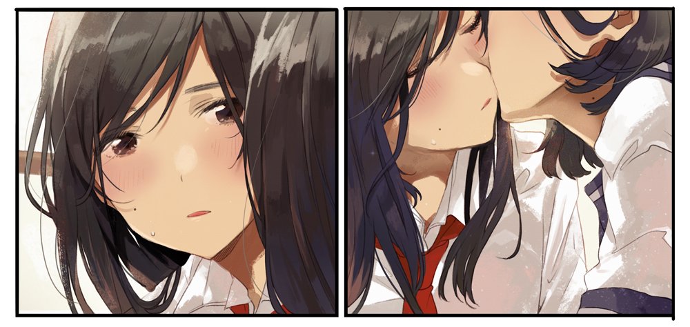 2girls 2koma black_hair blush brown_eyes close-up closed_eyes collared_shirt comic facing_another fly_(marguerite) imminent_kiss long_hair mole multiple_girls original parted_lips red_neckwear shirt short_sleeves sweat white_shirt window yuri