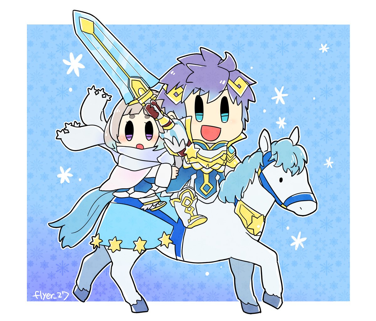 1boy 1girl arm_up armor artist_name blue_eyes blue_hair brother_and_sister cape chibi fire_emblem fire_emblem_heroes flyer_27 gloves gradient_hair hair_ornament holding holding_sword holding_weapon horse horseback_riding hrid_(fire_emblem_heroes) multicolored_hair nintendo open_mouth riding scarf short_hair siblings silver_hair snowflakes sword violet_eyes weapon white_hair ylgr_(fire_emblem_heroes)