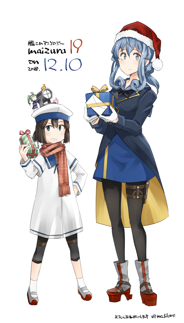 3girls arm_warmers black_hair black_legwear black_neckwear blue_eyes blue_hair blue_sailor_collar blue_skirt boots commentary_request daitou_(kantai_collection) dress fairy_(kantai_collection) gift gloves gotland_(kantai_collection) grin hair_between_eyes hair_bun half_gloves hat kantai_collection leggings long_hair long_sleeves looking_at_viewer military military_uniform minigirl mole mole_under_eye multiple_girls neckerchief on_head pantyhose person_on_head plaid plaid_scarf red_scarf sailor_collar sailor_dress sailor_hat sakura_(medilore) santa_hat scarf searchlight shoes short_hair short_sleeves simple_background skirt smile uniform uwabaki white_gloves white_hat