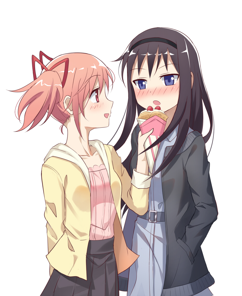 2girls akemi_homura alternate_costume arm_behind_back bangs belt black_hair black_hairband black_skirt blue_dress blue_eyes blush breasts casual chinese_commentary collarbone commentary_request cowboy_shot crepe dress du_mogu eyebrows_visible_through_hair food fruit grey_jacket hair_ribbon hairband hand_in_pocket hand_up highres holding holding_food hood hooded_jacket jacket kaname_madoka long_hair long_sleeves looking_at_another mahou_shoujo_madoka_magica multiple_girls open_clothes open_jacket pink_eyes pink_hair pink_shirt pleated_skirt profile red_ribbon ribbon shirt short_hair simple_background skirt small_breasts standing strawberry twintails white_background yellow_jacket