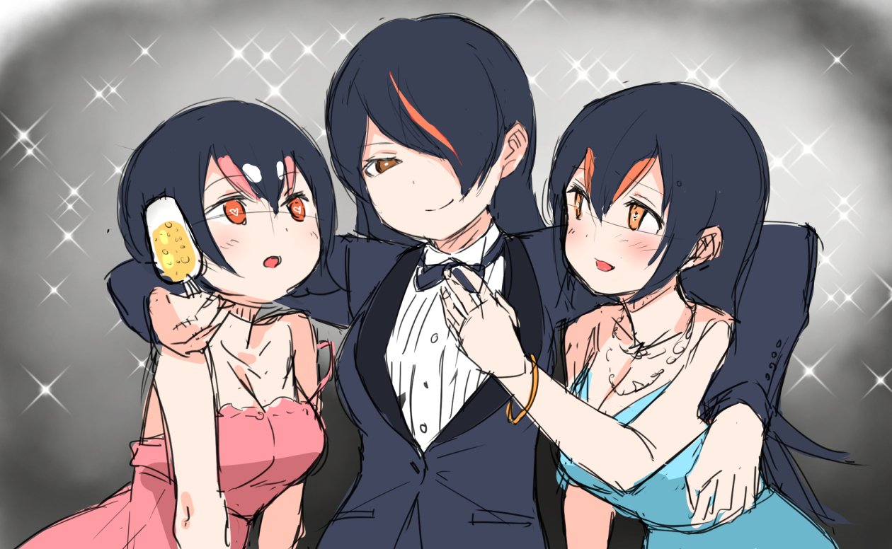 3girls alcohol breasts champagne choir_(artist) cleavage commentary_request dress emperor_penguin_(kemono_friends) gentoo_penguin_(kemono_friends) harem heart heart-shaped_pupils humboldt_penguin_(kemono_friends) kemono_friends multiple_girls oekaki one_eye_covered smile sparkle_background symbol-shaped_pupils tuxedo