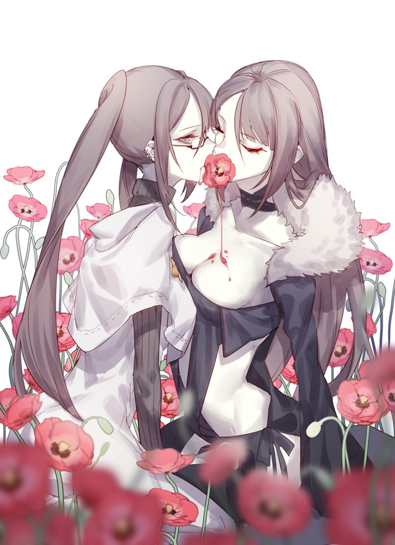 2girls akuta_hinako black_choker black_dress black_jacket black_sweater blood blood_from_mouth blood_on_breasts blood_on_face breasts brown_hair choker cleavage closed_eyes collarbone commentary_request consort_yu_(fate) dress earrings fate/grand_order fate_(series) field flower flower_field flower_in_mouth fur-trimmed_jacket fur_trim glasses grey_eyes jacket jewelry krab long_hair looking_at_viewer medium_breasts multiple_girls red_flower ribbed_sweater simple_background sweater turtleneck turtleneck_sweater twintails white_background