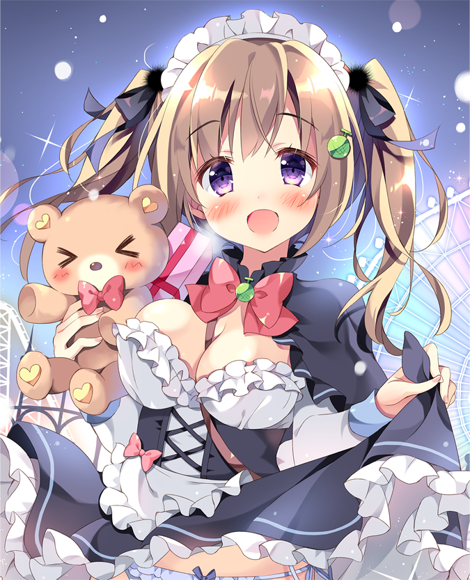 &gt;_&lt; 1girl :d apron bangs between_breasts black_capelet black_dress black_ribbon blue_panties blush bow bowtie box breasts brown_hair capelet commentary_request dress dress_lift frills gift gift_box hair_ribbon holding holding_stuffed_animal long_hair long_sleeves looking_at_viewer maid maid_headdress medium_breasts melon_hair_ornament open_mouth original pan_(mimi) panties red_neckwear ribbon smile solo stuffed_animal stuffed_toy teddy_bear twintails underwear violet_eyes waist_apron white_apron