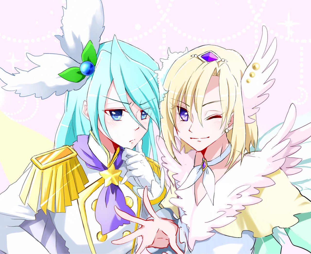 2boys androgynous ascot bangs blonde_hair blue_eyes blue_hair blush buttons choker closed_mouth commentary cravat cure_infini cure_waffle earrings epaulettes feathers fringe_trim gloves hair_ornament hand_on_own_chin hugtto!_precure jewelry julio_(precure) kirakira_precure_a_la_mode komanana320 long_hair looking_at_viewer male_focus multiple_boys precure smile tiara violet_eyes wakamiya_henri white_gloves wing_hair_ornament