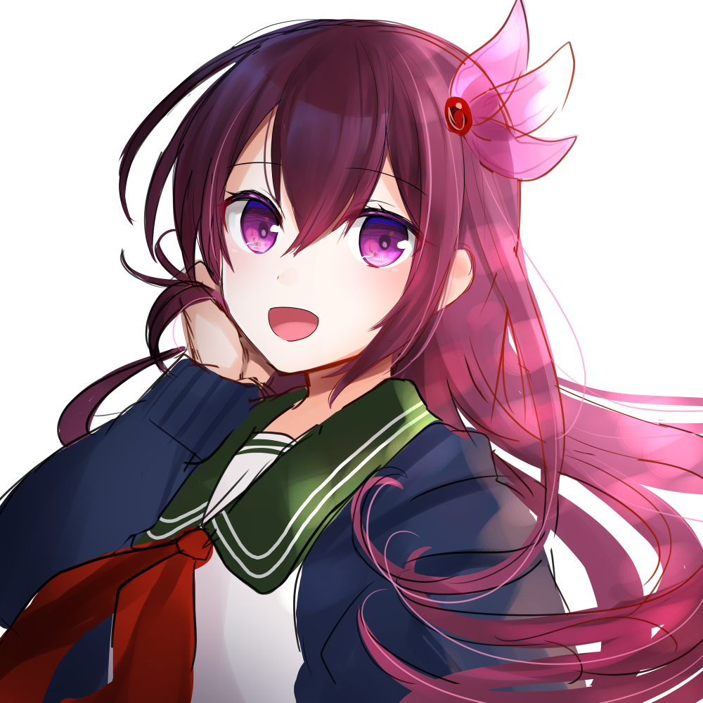 1girl blouse blue_jacket brown_hair crescent crescent_hair_ornament eyebrows_visible_through_hair green_sailor_collar hair_between_eyes hair_ornament jacket kantai_collection kisaragi_(kantai_collection) long_hair long_sleeves looking_at_viewer neckerchief remodel_(kantai_collection) ribbon sailor_collar school_uniform serafuku simple_background solo upper_body violet_eyes white_background white_blouse yunamaro