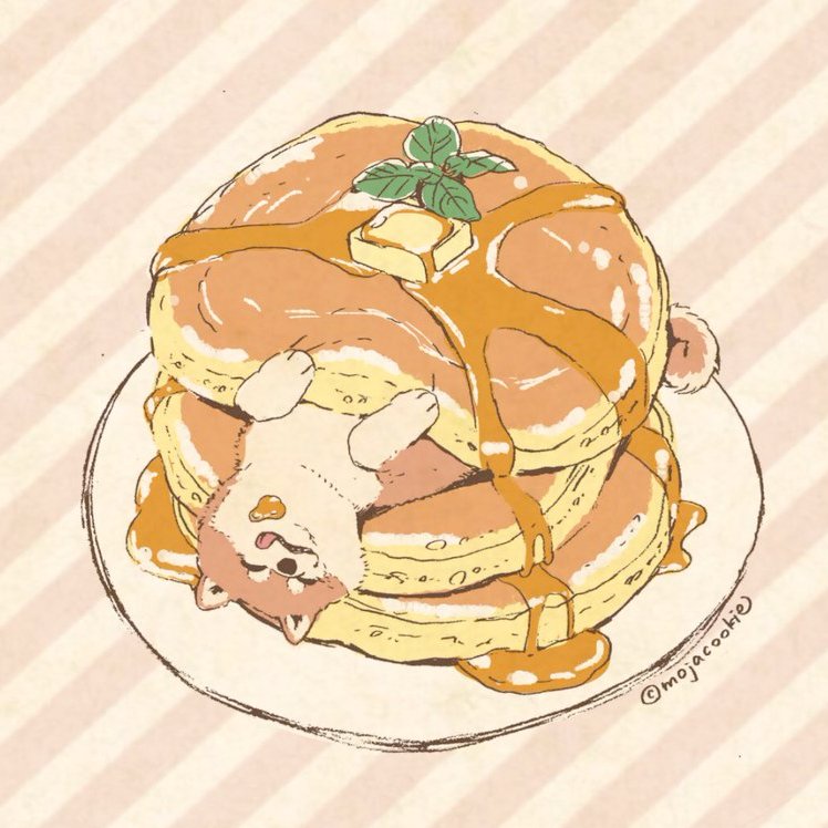 animal animal_focus artist_name butter closed_eyes dog food leaf lying mojacookie no_humans on_back original pancake plate smile stack_of_pancakes striped striped_background syrup tongue tongue_out