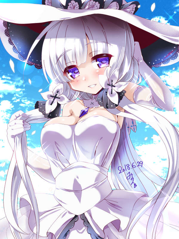 1girl azur_lane bangs breasts cleavage dress elbow_gloves eyebrows_visible_through_hair gloves hair_ribbon hat illustrious_(azur_lane) long_hair looking_at_viewer low_twintails miuku_(marine_sapphire) mole mole_under_eye ribbon side_bun smile solo strapless strapless_dress sun_hat tress_ribbon tri_tails twintails violet_eyes white_dress white_gloves white_hair white_hat white_legwear