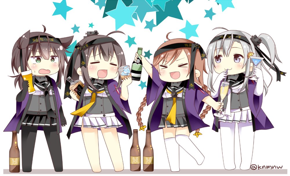 &gt;_&lt; 4girls ahoge akizuki_(kantai_collection) alcohol bare_legs barefoot beer beer_bottle black_bodysuit black_hair black_headband black_legwear black_neckwear black_sailor_collar black_skirt bodysuit bottle braid brown_hair buttons chibi closed_eyes closed_mouth clothes_writing commentary_request cup drinking_glass drinking_straw drooling green_eyes grey_eyes hachimaki hair_between_eyes hair_flaps hair_ornament happi hatsuzuki_(kantai_collection) headband holding holding_bottle holding_cup ice ice_cube japanese_clothes kantai_collection knmnw light_brown_hair long_hair miniskirt multiple_girls neckerchief one_side_up open_mouth pleated_skirt ponytail propeller_hair_ornament sailor_collar school_uniform serafuku short_hair silver_hair simple_background skirt star suzutsuki_(kantai_collection) sweatdrop teruzuki_(kantai_collection) thigh-highs twin_braids twitter_username white_bodysuit white_legwear white_neckwear white_skirt yellow_neckwear