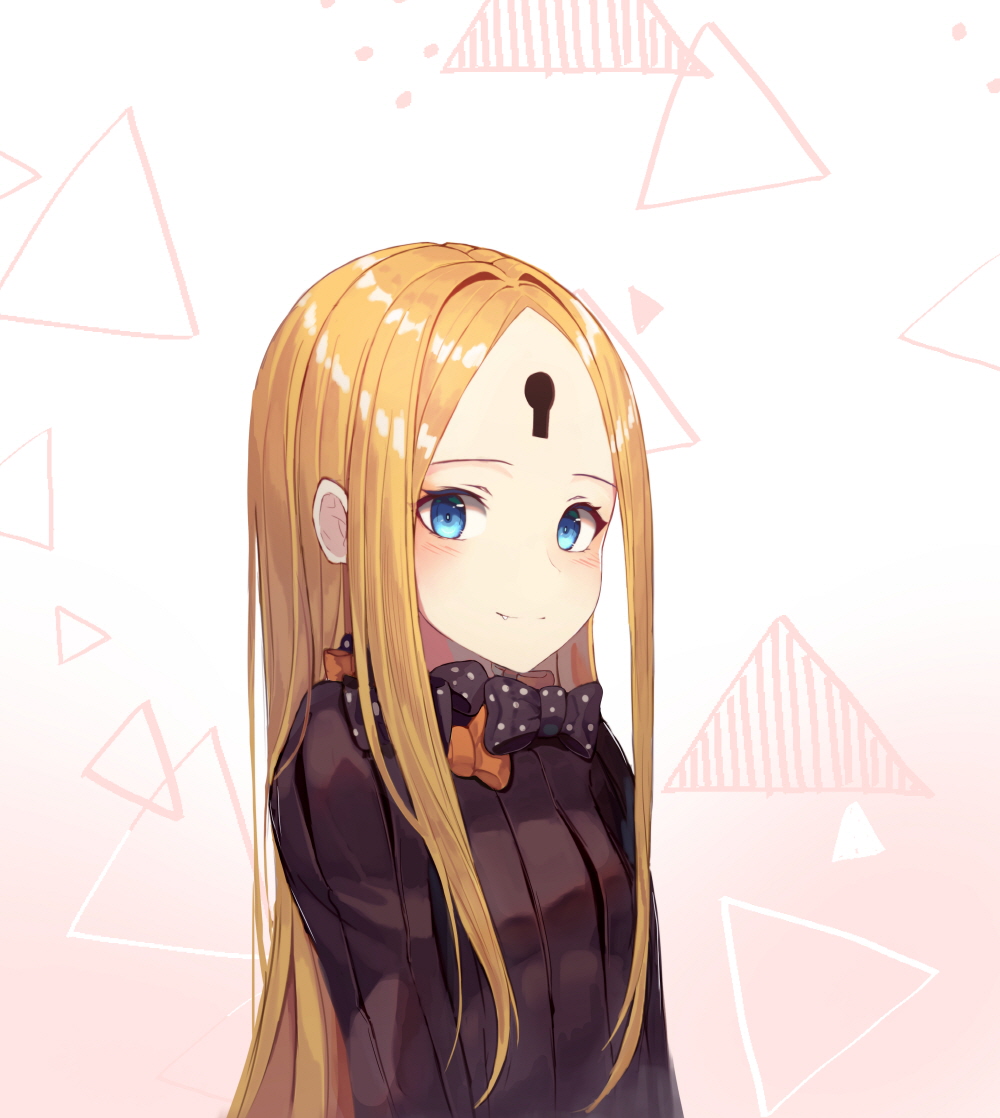 1girl abigail_williams_(fate/grand_order) bangs black_bow black_dress blonde_hair blue_eyes blush bow closed_mouth dress fang fang_out fate/grand_order fate_(series) gradient gradient_background keyhole long_hair no_hat no_headwear orange_bow parted_bangs pink_background polka_dot polka_dot_bow revision smile solo sugar_(dndi888) upper_body very_long_hair white_background