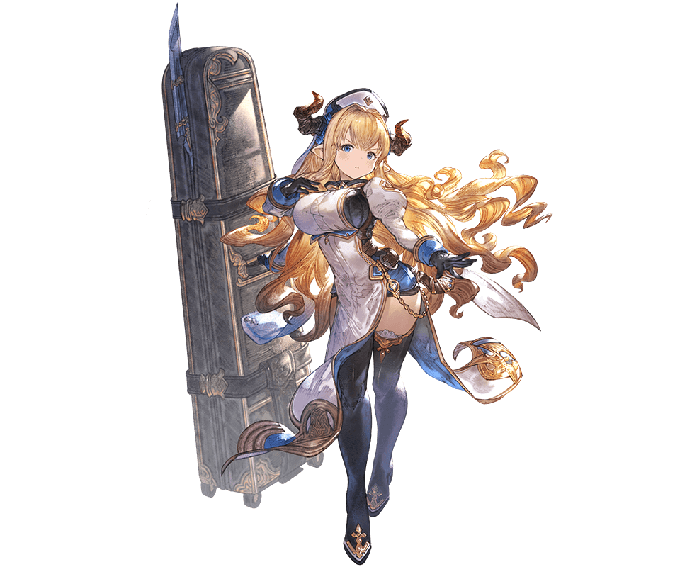1girl bangs blonde_hair blue_eyes boots breasts closed_mouth detached_sleeves draph dress error extra_arms full_body gloves granblue_fantasy hat horns juliet_sleeves large_breasts long_hair long_sleeves minaba_hideo official_art pointy_ears pout puffy_sleeves rastina serious sidelocks solo thigh-highs thigh_boots transparent_background v-shaped_eyebrows very_long_hair