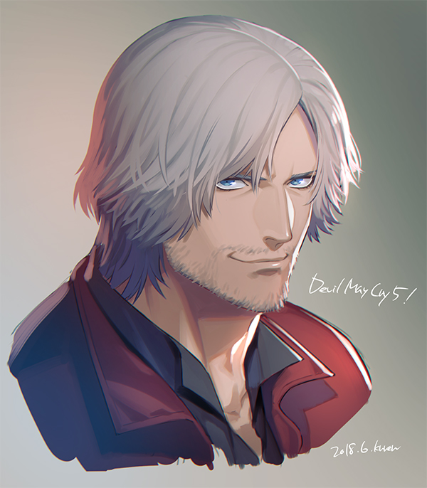 1boy artist_name beard blue_eyes copyright_name dante_(devil_may_cry) dated devil_may_cry_5 facial_hair grey_hair jacket kuren looking_at_viewer male_focus portrait red_jacket smile solo