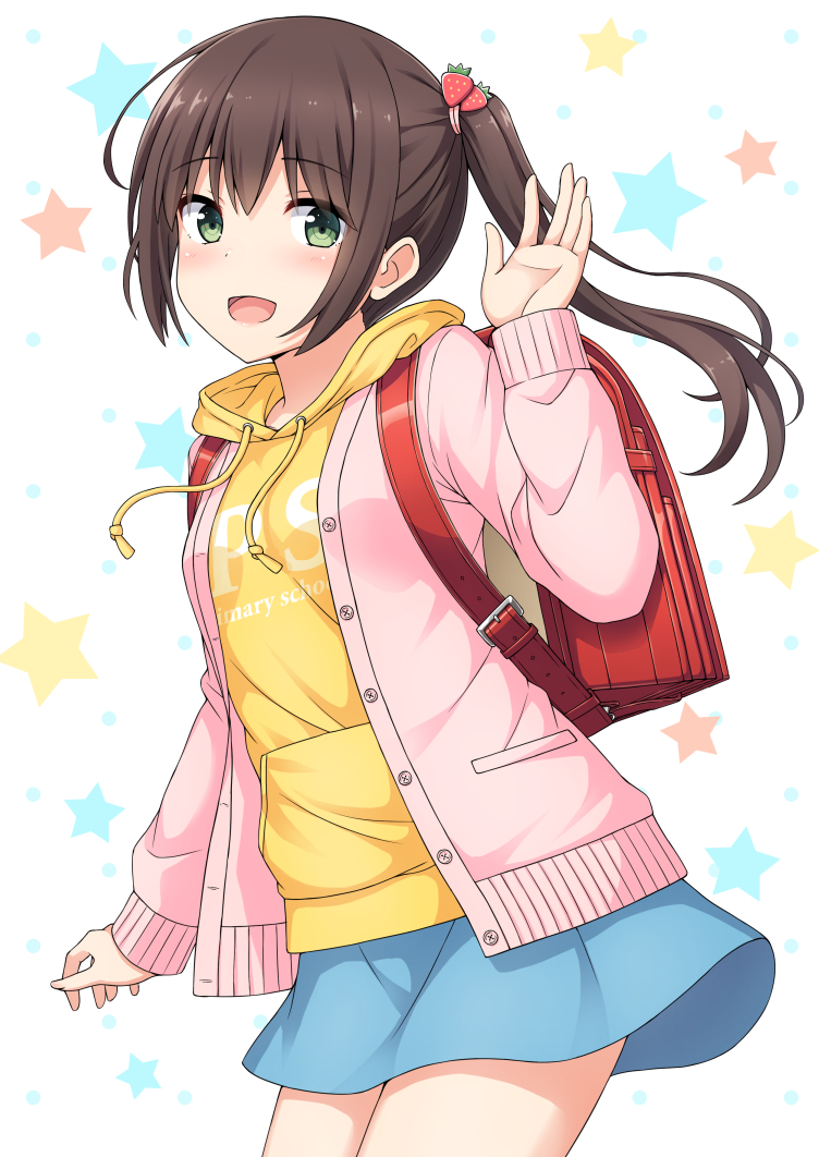 1girl :d backpack bag bangs blue_skirt blush breasts brown_hair clothes_writing commentary_request drawstring eyebrows_visible_through_hair food_themed_hair_ornament green_eyes hair_between_eyes hair_ornament hair_tie hood hood_down hoodie jacket long_sleeves nakamura_sumikage open_clothes open_jacket open_mouth original pink_jacket randoseru side_ponytail sidelocks simple_background skirt sleeves_past_wrists small_breasts smile solo star starry_background strawberry_hair_ornament white_background yellow_hoodie
