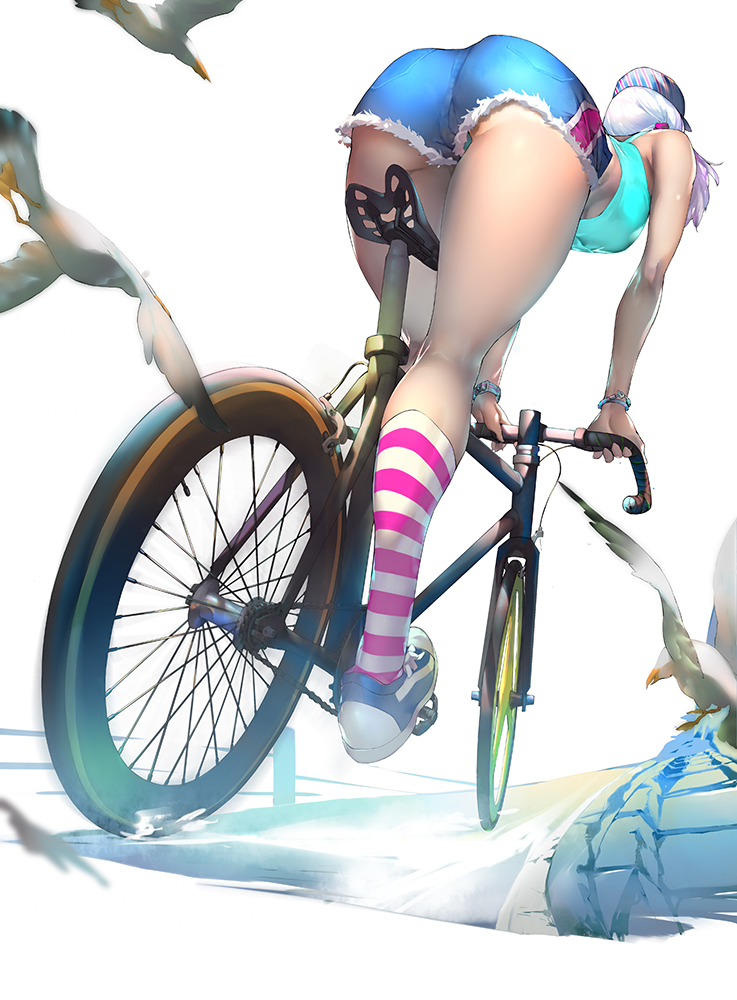 1girl ass baseball_cap bicycle bird fur_trim ground_vehicle guratan hat kneehighs medium_hair midriff original riding short_shorts shorts silver_hair simple_background solo striped striped_legwear wristband