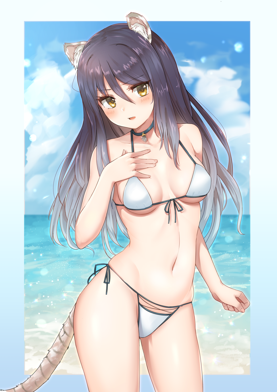 1girl animal_ear_fluff animal_ears ass_visible_through_thighs bangs bare_arms bare_shoulders bikini black_hair blue_sky blush breasts breasts_apart clouds collarbone commentary_request contrapposto cowboy_shot dargo day eyebrows_visible_through_hair front-tie_bikini front-tie_top gradient_hair groin hair_between_eyes halterneck hand_on_own_chest hand_up highres horizon kashiwazaki_shiori long_hair looking_at_viewer medium_breasts multicolored_hair navel ocean parted_lips princess_connect! princess_connect!_re:dive side-tie_bikini sky solo standing stomach swimsuit tail water white_bikini white_hair yellow_eyes