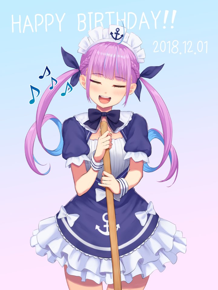 1girl anchor_symbol apron braid closed_eyes commentary_request dated drill_hair frilled_skirt frills hair_ribbon happy_birthday hololive kurowan maid_apron minato_aqua mop multicolored_hair music open_mouth purple_hair ribbon simple_background singing skirt solo twin_drills two-tone_hair virtual_youtuber