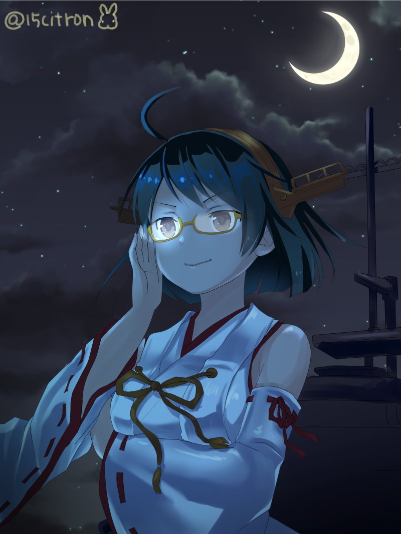 15citron 1girl adjusting_eyewear black_hair black_sky brown_eyes commentary_request crescent_moon detached_sleeves glasses green-framed_eyewear hairband headgear kantai_collection kirishima_(kantai_collection) mast moon night nontraditional_miko ribbon-trimmed_sleeves ribbon_trim short_hair sky solo star_(sky) starry_sky twitter_username upper_body