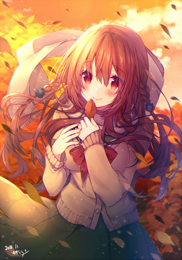 1girl autumn_leaves azu_torako bangs black_sailor_collar blush bow braid brown_cardigan brown_hair cardigan cat_hair_ornament closed_mouth clouds commentary_request dated eyebrows_visible_through_hair fingernails floating_hair green_skirt hair_between_eyes hair_ornament hands_up head_tilt holding holding_leaf leaf long_hair long_sleeves original pleated_skirt red_bow red_eyes sailor_collar side_braids signature skirt sky sleeves_past_wrists smile solo sunset twin_braids very_long_hair