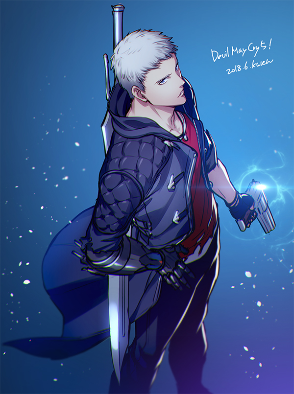 1boy artist_name blue_jacket blue_rose_(gun) copyright_name dated devil_breaker devil_may_cry_5 feet_out_of_frame grey_hair hand_on_hip jacket kuren long_coat male_focus nero_(devil_may_cry) prosthesis prosthetic_arm short_hair solo sword weapon