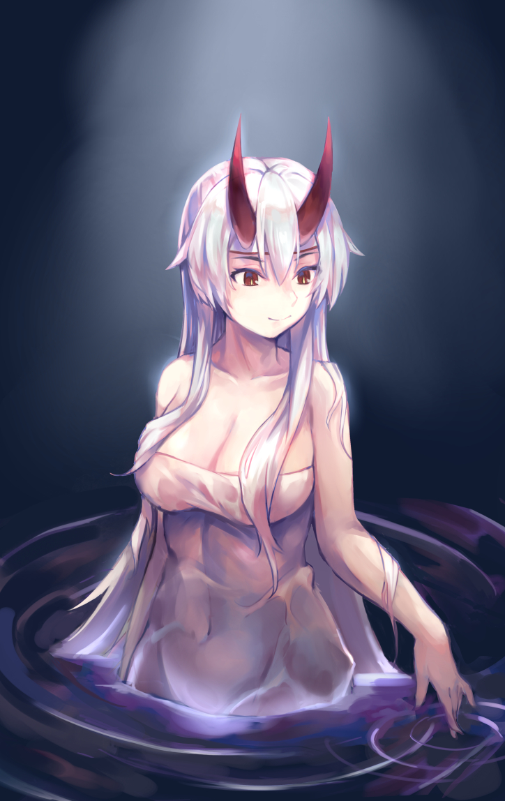 1girl bare_shoulders bk201 breasts cleavage collarbone fate/grand_order fate_(series) large_breasts long_hair naked_towel oni_horns partially_submerged red_eyes red_horns silver_hair smile solo standing tomoe_gozen_(fate/grand_order) towel very_long_hair water