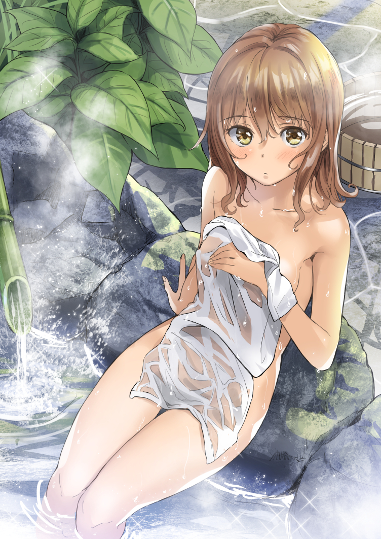1girl arm_support bathing blush breasts cleavage collarbone commentary_request covering from_above impossible_towel light_brown_hair long_hair looking_at_viewer medium_breasts naked_towel nude_cover onsen original see-through sitting solo steam stone stone_floor towel wading water wet wet_hair white_towel yellow_eyes yoropa