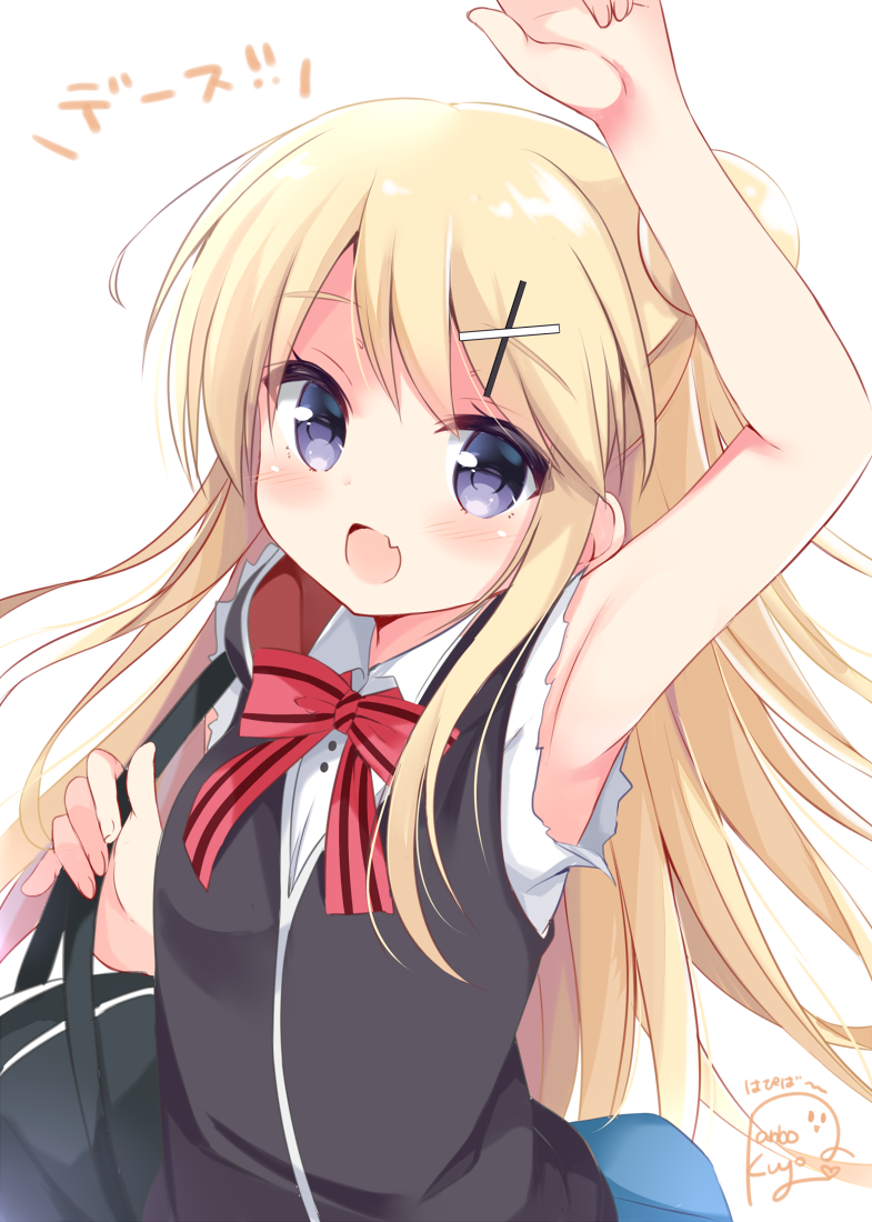 1girl :d arm_up armpits bag bangs black_vest blonde_hair blue_skirt blush bow bowtie collared_shirt commentary_request eyebrows_visible_through_hair fang fingernails hair_bun hair_ornament hairclip holding holding_bag kin-iro_mosaic kujou_danbo kujou_karen long_hair looking_at_viewer open_mouth pleated_skirt red_bow school_bag school_uniform shirt sidelocks signature skirt sleeveless sleeveless_shirt smile solo striped striped_bow striped_neckwear torn_clothes upper_body very_long_hair vest violet_eyes white_shirt x_hair_ornament