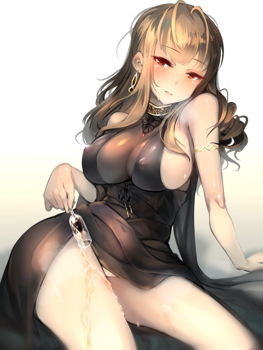 1girl ahoge alcohol alternate_costume arm_support armlet bangs bare_shoulders black_dress blunt_bangs blush breasts breathing brown_hair champagne champagne_flute cleavage covered_nipples cup dress drinking_glass dsr-50_(girls_frontline) eyebrows_visible_through_hair girls_frontline hair_ornament half-closed_eyes highres holding holding_cup jewelry large_breasts long_hair looking_at_viewer open_mouth panties pouring red_eyes sidelocks sitting smile solo sweat thighs underwear usuki_(graygreed) very_long_hair white_panties