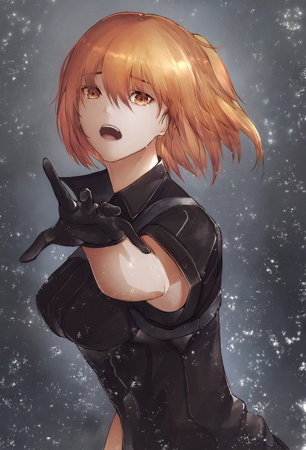 1girl bangs black_armor black_gloves black_shirt commentary_request eyebrows_visible_through_hair fate/grand_order fate_(series) fujimaru_ritsuka_(female) gloves hair_between_eyes highres marumoru one_side_up open_mouth orange_eyes orange_hair outstretched_arm outstretched_hand shirt short_hair side_ponytail