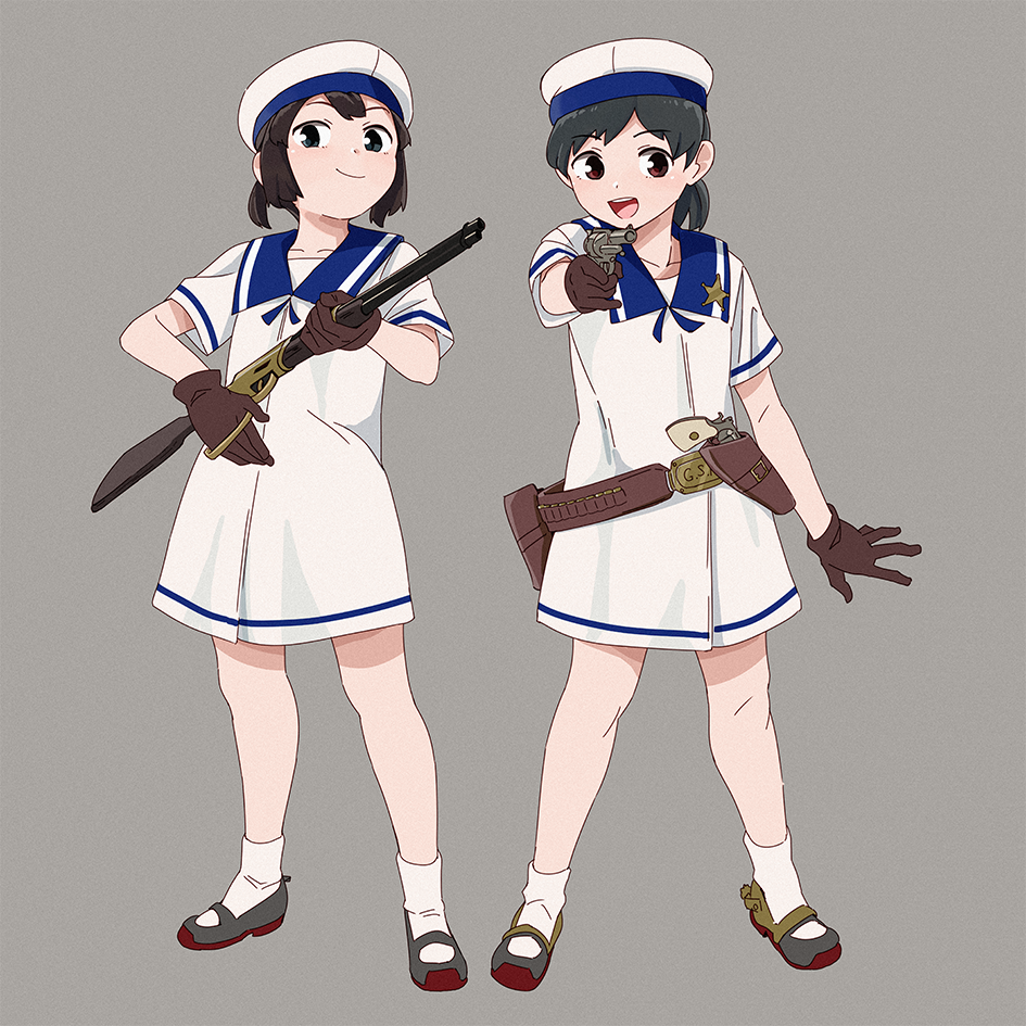 2girls aiming belt black_hair blue_eyes blue_sailor_collar brown_eyes brown_hair daitou_(kantai_collection) dress firearm_request full_body grey_background gun handgun hat hiburi_(kantai_collection) holster kantai_collection looking_at_viewer low_ponytail multiple_girls ojipon open_mouth pistol revolver rifle sailor_collar sailor_dress sailor_hat shoes short_hair short_sleeves simple_background socks standing uwabaki weapon white_dress white_hat white_legwear