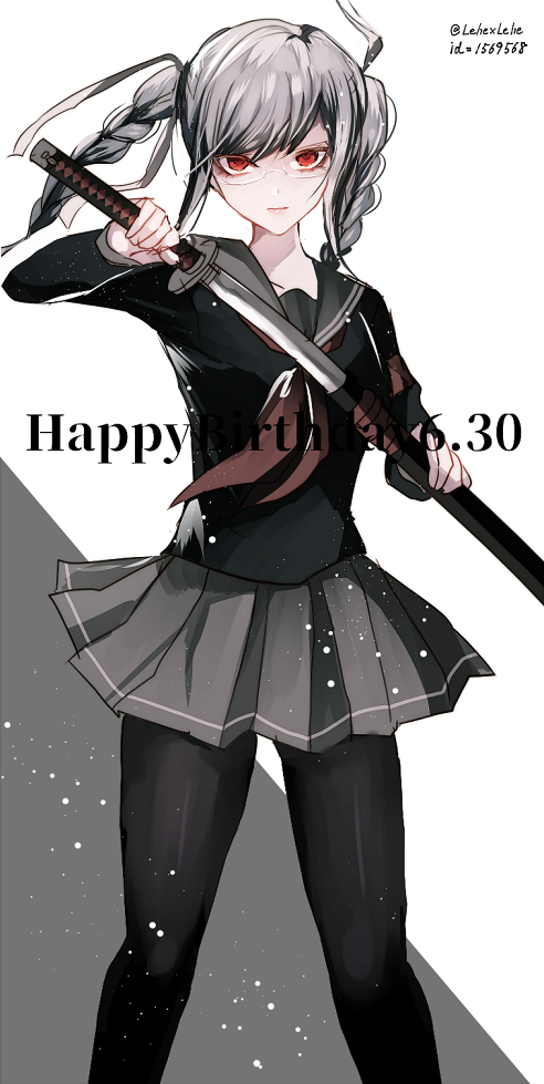 1girl black_legwear black_serafuku black_shirt braid dangan_ronpa dated floating_hair grey_ribbon grey_sailor_collar grey_skirt hair_ribbon happy_birthday holding holding_sheath holding_sword holding_weapon katana long_hair long_sleeves looking_at_viewer miniskirt neckerchief pantyhose pekoyama_peko pleated_skirt red_neckwear ribbon sailor_collar school_uniform serafuku sheath shiny shiny_clothes shirt silver_hair skirt solo standing super_dangan_ronpa_2 sword twin_braids twintails twitter_username unsheathing weapon white_background z-epto_(chat-noir86)