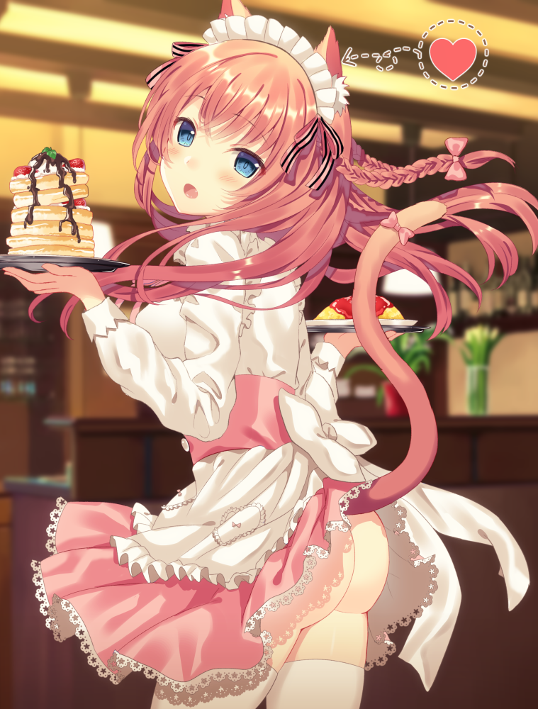 1girl animal_ears apron ass bangs blue_eyes blush bow braid breasts cat_ears cat_tail commentary_request cowboy_shot dress eyebrows_visible_through_hair food frills fruit hair_between_eyes hair_bow hair_ornament holding long_hair long_sleeves looking_at_viewer looking_back maid maid_apron maid_headdress medium_breasts omurice open_mouth original pancake puffy_sleeves smile solo stack_of_pancakes standing strawberry syrup tail toujou_mina tray white_legwear