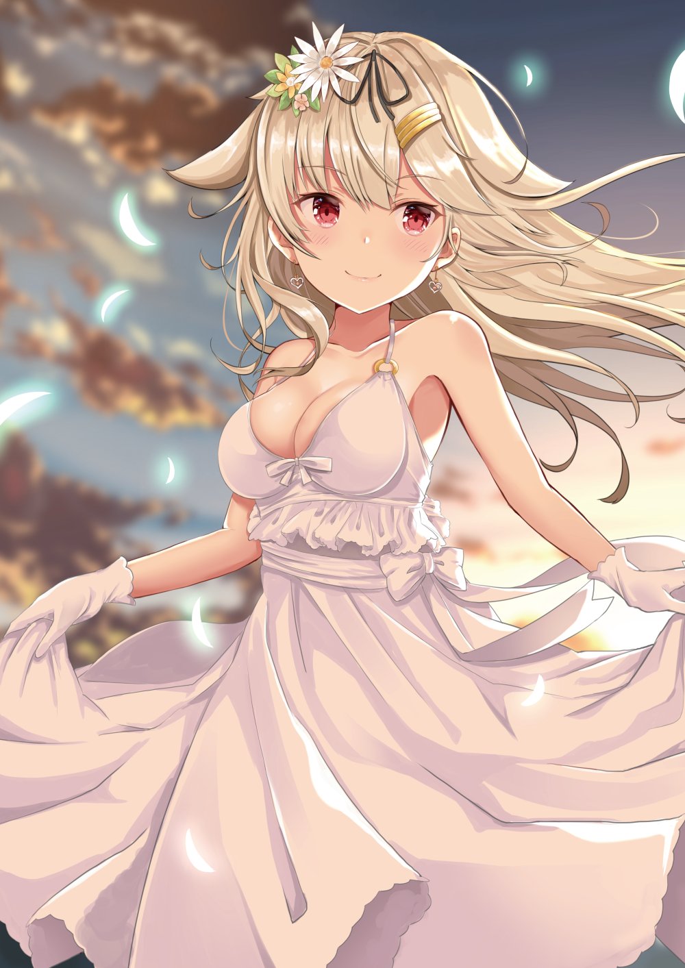 blonde_hair breasts cleavage clouds dress dress_lift earrings gloves hair_flaps heart heart_earrings highres jewelry kantai_collection long_hair medium_breasts noeru_(gt17854) red_eyes smile twilight white_dress white_gloves yuudachi_(kantai_collection)