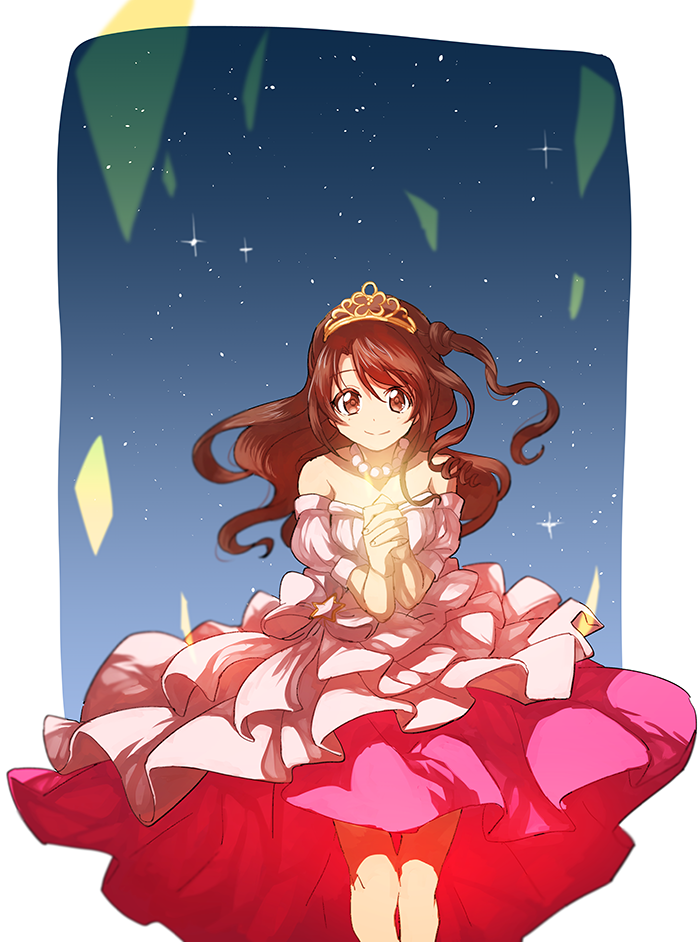 1girl bangs brown_eyes brown_hair closed_mouth commentary dress drill_hair eyebrows_visible_through_hair hands_together idolmaster idolmaster_cinderella_girls interlocked_fingers jewelry layered_dress looking_at_viewer medium_dress necklace night night_sky off-shoulder_dress off_shoulder one_side_up oono_imo outside_border pearl_necklace pink_dress shimamura_uzuki short_hair sky smile solo sparkle standing star_(sky) starry_sky swept_bangs tired wind