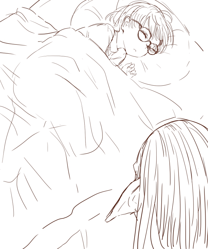 1boy 1girl bed blanket chrono_trigger commentary_request glasses lucca_ashtear magus monochrome pillow pointy_ears s-a-murai short_hair sleeping