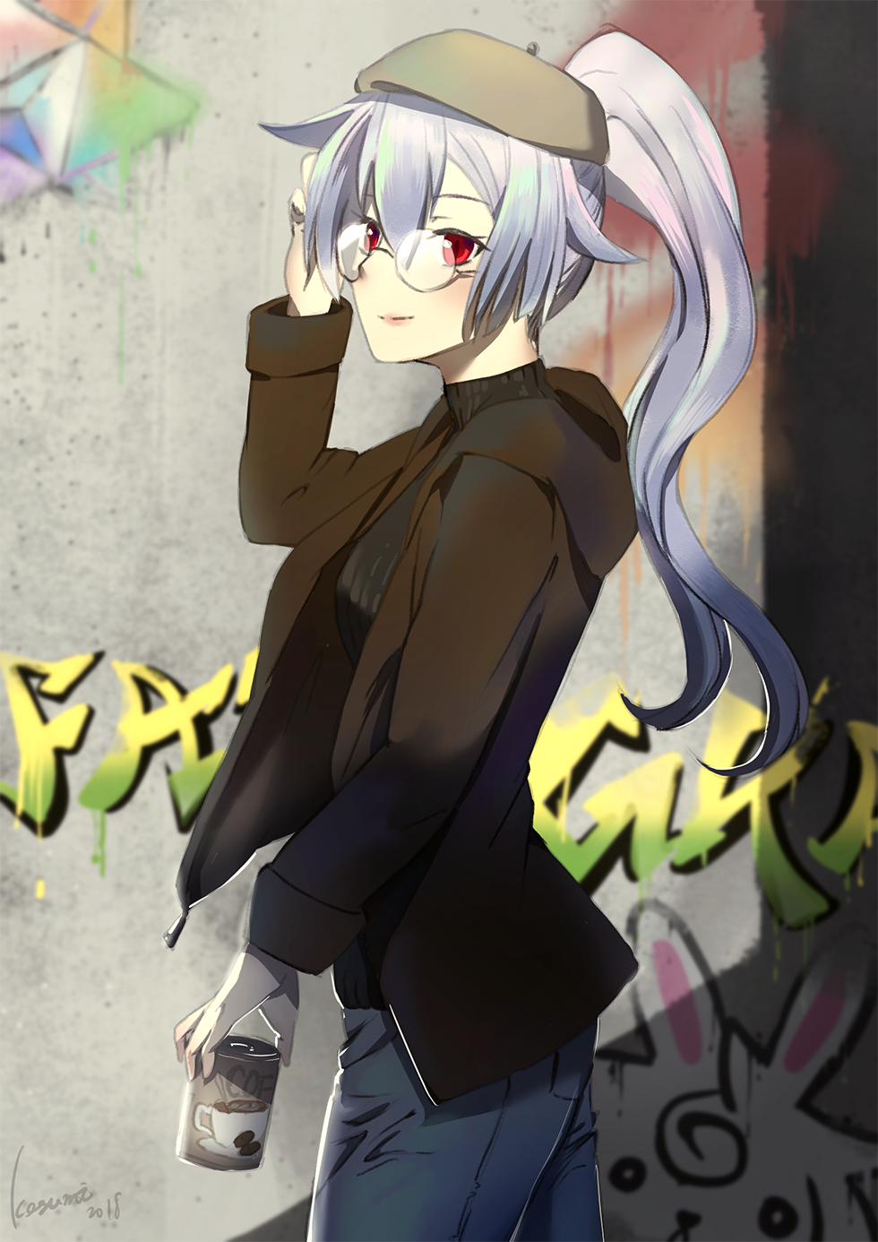 1girl bespectacled black_jacket black_shirt blue_pants can coffee commentary_request denim fate/grand_order fate_(series) glasses graffiti hat highres holding holding_can jacket jeans kosumi long_hair looking_at_viewer pants ponytail red_eyes ribbed_shirt rimless_eyewear round_eyewear shirt silver_hair solo tomoe_gozen_(fate/grand_order) wall