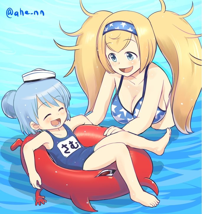 2girls ahenn bare_shoulders bikini blonde_hair blue_eyes blue_hair breasts cleavage closed_eyes commentary_request double_bun enemy_lifebuoy_(kantai_collection) eyebrows eyebrows_visible_through_hair gambier_bay_(kantai_collection) hair_between_eyes hair_bun happy hat headband kantai_collection long_hair multiple_girls open_mouth playing samuel_b._roberts_(kantai_collection) short_hair swimsuit twintails twitter_username very_long_hair water